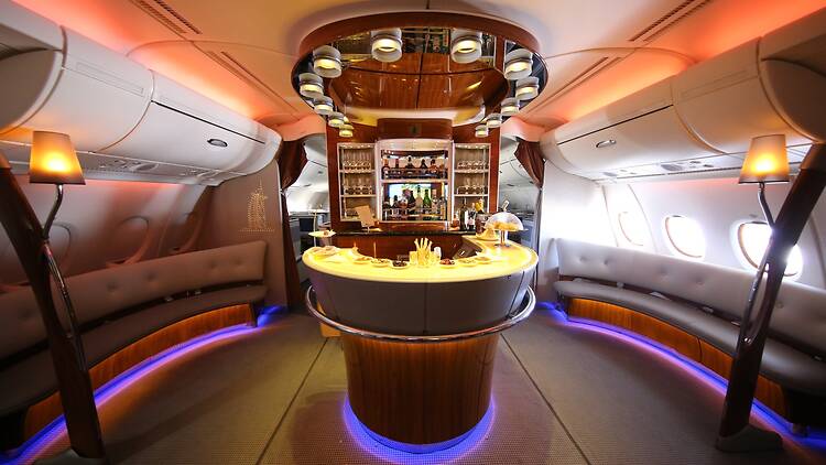 Emirates Airbus A380 in-flight cocktail bar and lounge