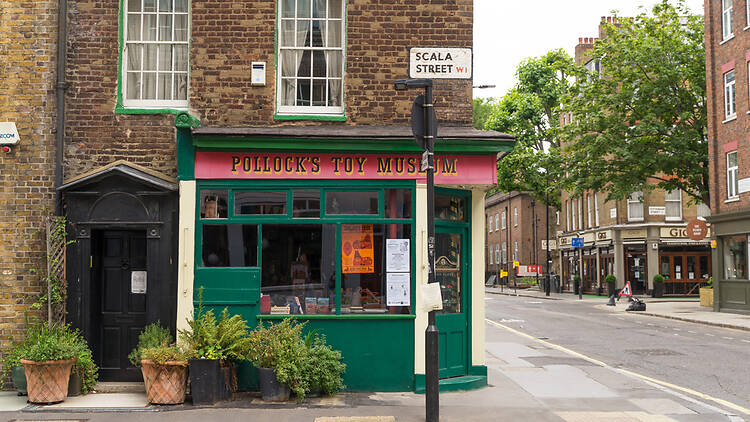 Pollocks,Toy,Museum,In,The,Area,Of,Fitzrovia.,London, Green and red exterior of Pollock's Toy Museum