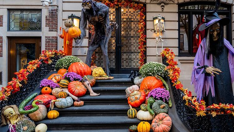 Halloween decorations outside an old New York brownstone Halloween decorations outside an old New York brownstone