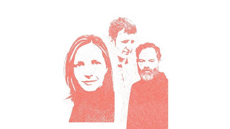 Stockholm, Saint Etienne Red-toned graphic illustration of the three members of pop group Saint Etienne against a white background.