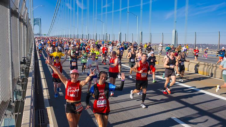 NYC Marathon runners crossing the Verrazano-Narrows Bridge NYC Marathon runners crossing the Verrazano-Narrows Bridge