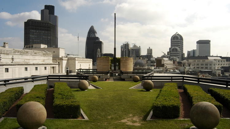 London skyscrapers viewed from the Coq d'Argent rooftop garden