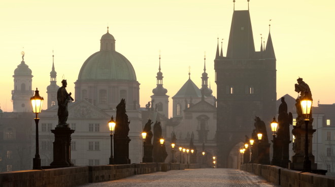Czech Republic, Prague, Charles Bridge at dawn.